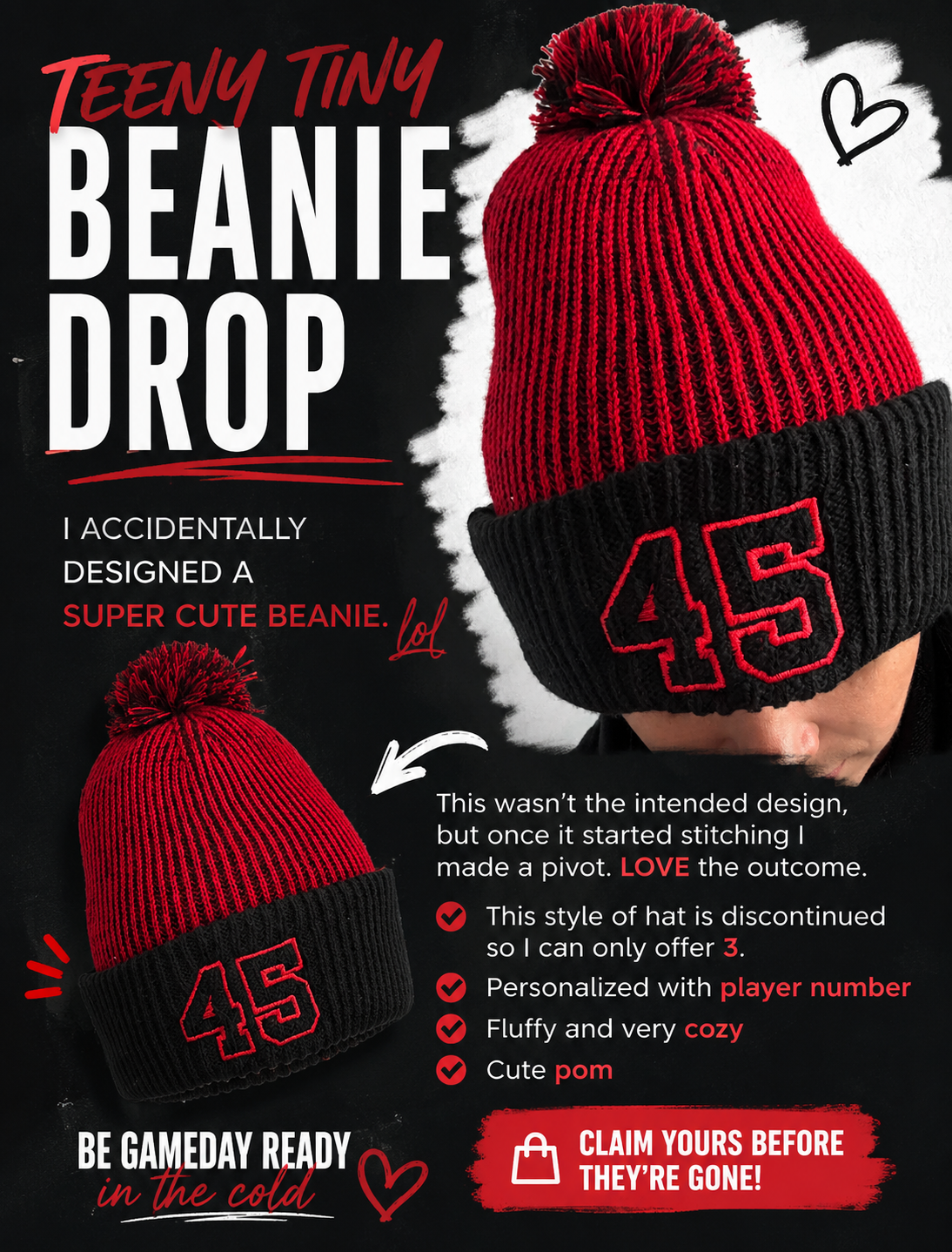 PERSONALIZED PLAYER NUMBER POM BEANIE