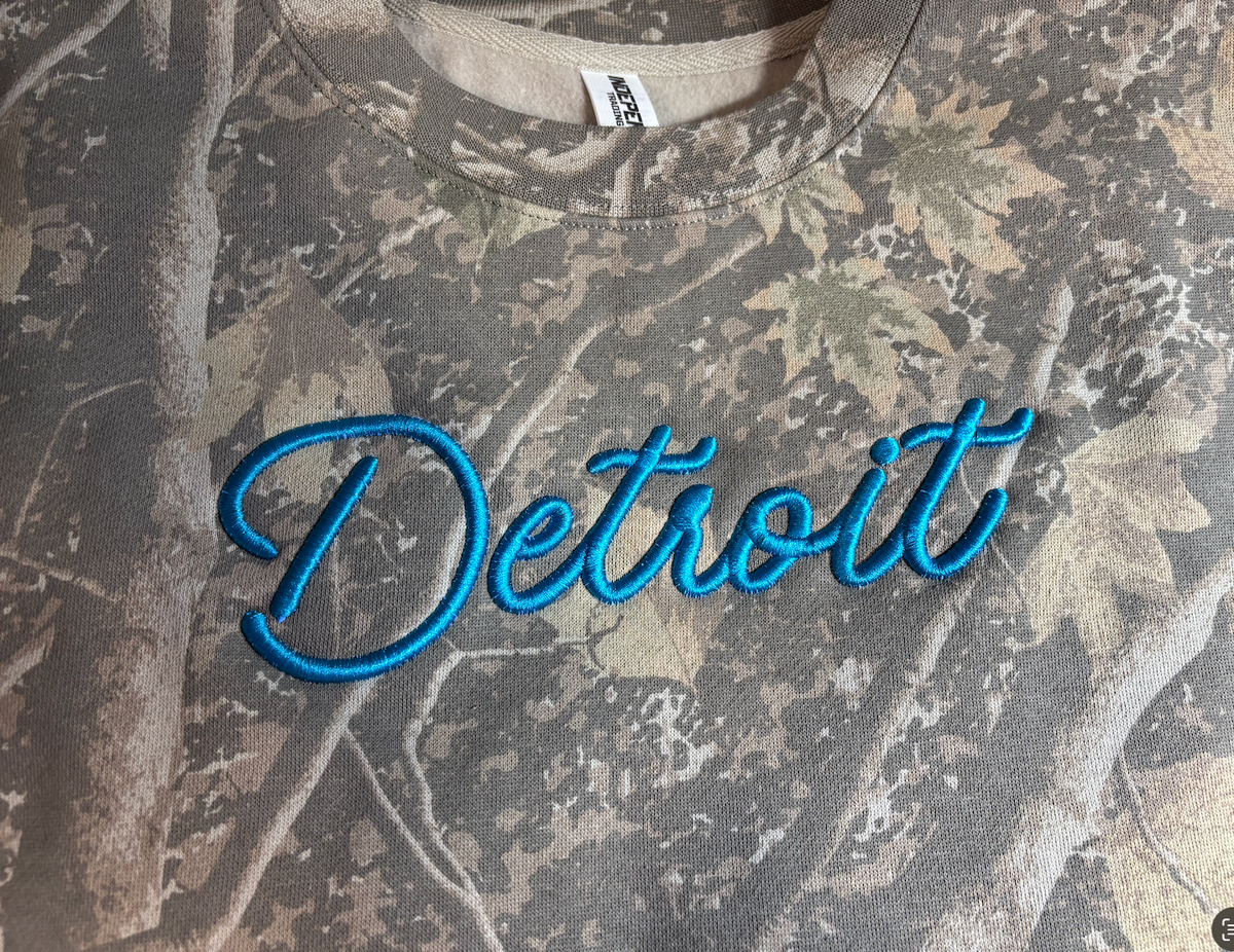 Detroit Camo Puff Embroidered Crewneck